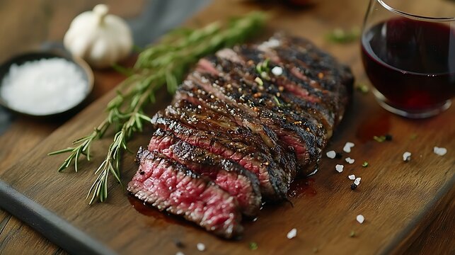 A mouthwatering steak and wine pairing scene, featuring a grilled sirloin steak, sliced and arranged on a rustic wooden board. A deep red wine glass sits beside it, with roasted garlic,