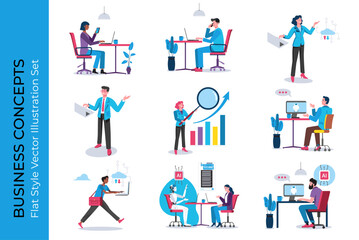 Business concepts. Business people working, using cloud computing, artificial intelligence and statistics. Flat Style Vector Illustration Set