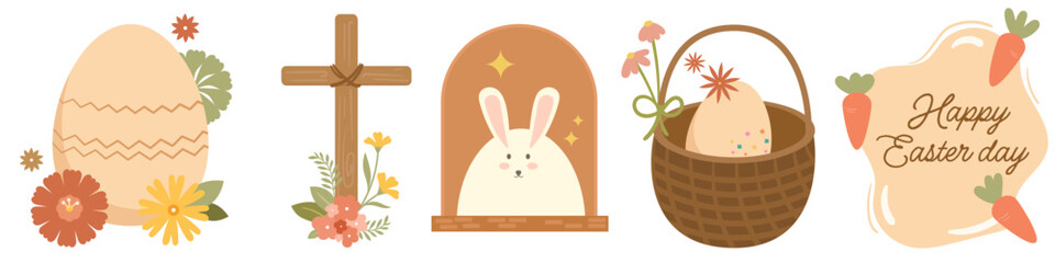 Happy Easter Elements for card, poster, banner and greetings card. Festive Celebration. Bunnies flowers, easter eggs and basket vector.

.