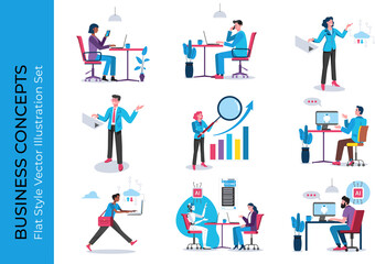 Business concepts. Business people working, using cloud computing, artificial intelligence and statistics. Flat Style Vector Illustration Set