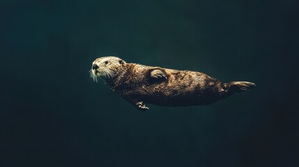 Obraz premium A sea otter floating through dark water happily and freely