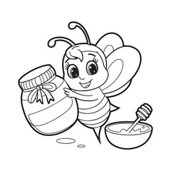 Cartoon bee character, cute bee mascot, honey jar, wooden dipper, black and white line drawing 