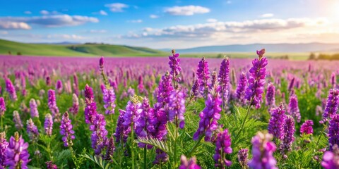 Fototapeta premium A field of Mongolian milkvetch with vibrant purple flowers and lush green leaves swaying gently in the breeze on a sunny day , purple flowers, grassland