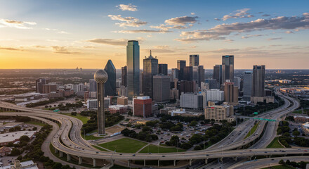 Obraz premium Dallas Skyline at Sunset: Cityscape View of Reunion Tower & Skyscrapers over Highways, Texas, USA. Urban Scenery & Travel Photography