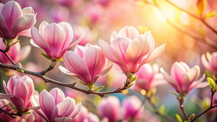 Obraz premium Close-up of delicate pink magnolia flowers blooming in vibrant spring colors, nature photography, floral details