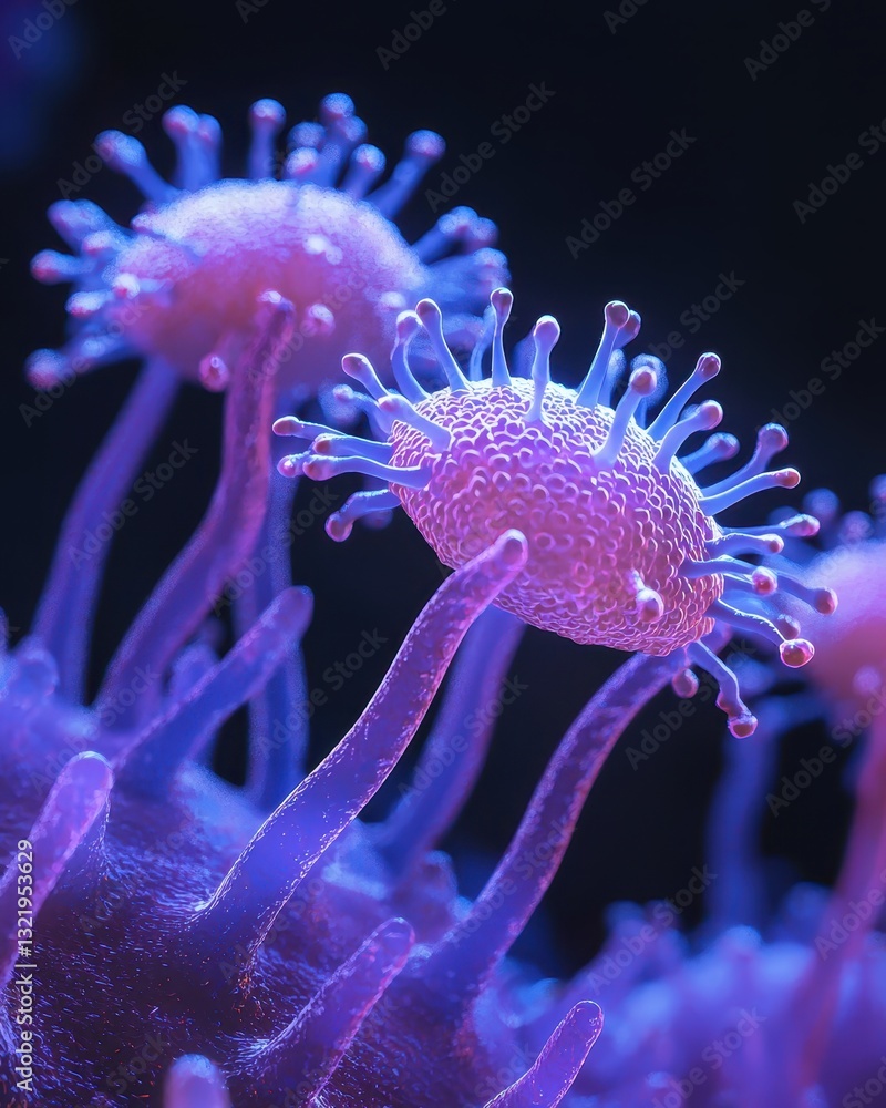 Poster microscopic view of colorful microorganisms in a dark background
