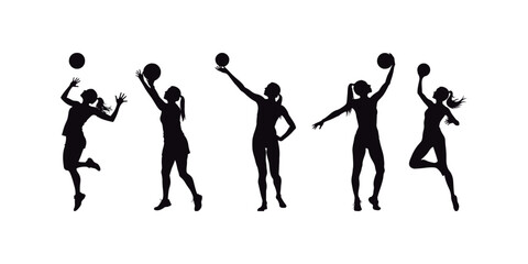 Player of volleyball. Silhouettes of a group of women playing volleyball. A white backdrop.

