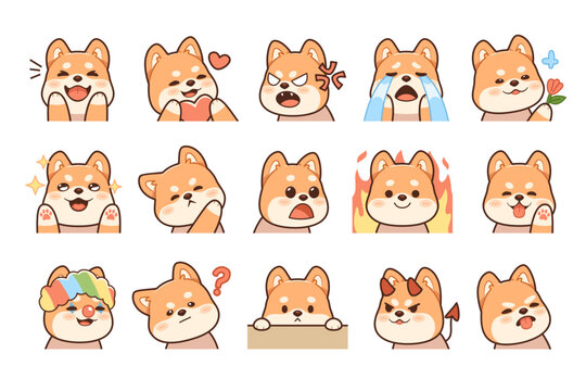 Cute shiba dog portraits. Funny emoji, different poses and emotions, kawaii dog characters, anime puppy, japanese breed, happy and sad, cartoon flat style isolated sticker tidy vector set