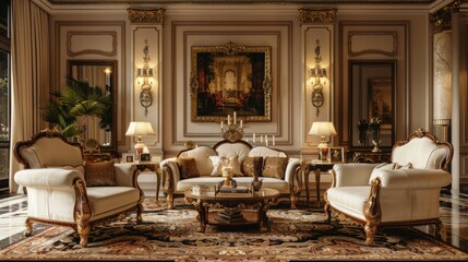 Elegant Living Room Interior with Classic Furniture and Art Decor