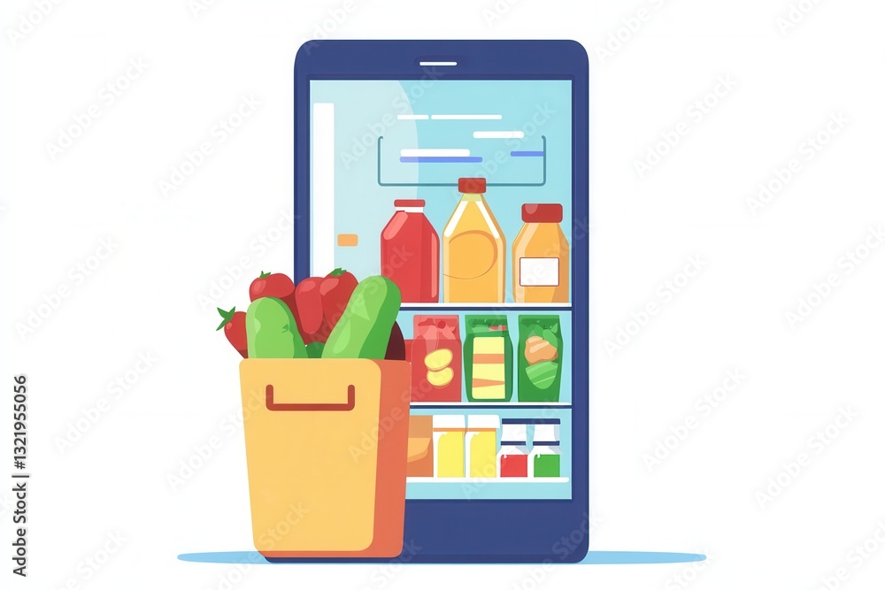 Poster stylized flat design illustration of an online grocery order summary on a digital screen with modern