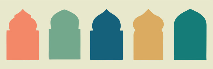 Traditional Mosque Windows and Doors in Oriental Style. Arabic Arch Silhouettes and Geometric Design Elements for Ramadan Kareem