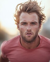 Fototapeta premium A young man with tousled hair running towards the camera in a natural setting.