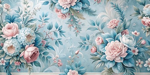 Luxurious wallpaper with a chic blue floral pattern featuring soft pink and white hues