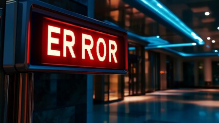 Illuminated error sign at a modern building.