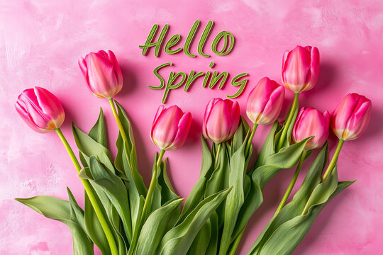 Celebrate the arrival of spring with vibrant pink tulips and cheerful greetings
