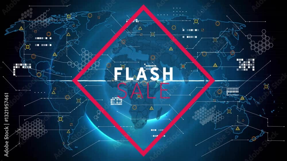 Poster flash sale animation over digital world map with data and network symbols