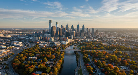 Obraz premium Philadelphia Skyline at Golden Hour: Breathtaking Aerial View of Cityscape, River, & Autumn Foliage