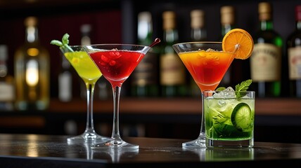 view of three distinct cocktails arranged in a row on a wooden bar counter.