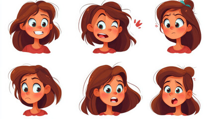 Cartoon cute little girl face emotions and expressions. Kid character happy, sad, angry, and surprise, cry, smile and laugh vector. Girl character emotion, happy expression and emotional illustration