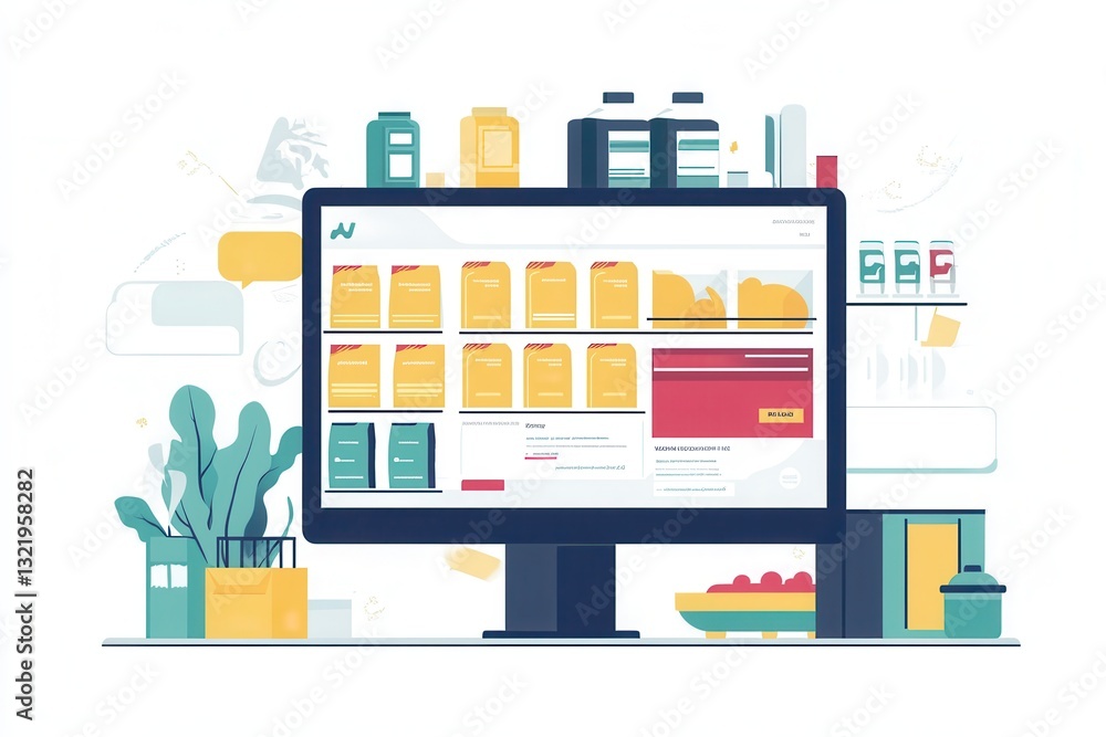 Poster stylized flat design online grocery order summary on a digital screen in a modern kitchen setting