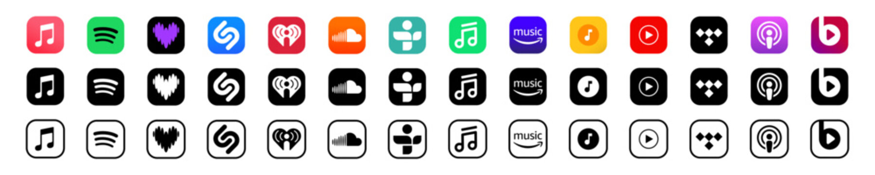 pple music ,Deezer new logo, spotify,amazon music,apple podcast, youtube music, soundcloud, tidal, amazon music.Music streaming services logo set . Social media icon set. Vector 
