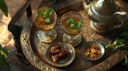 Fototapeta premium Moroccan Mint Tea with Dates and Candied Citrus on Ornate Tray