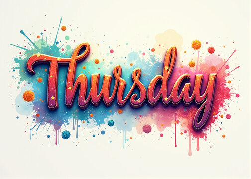 Vibrant and artistic representation of the word 'Thursday' with a colorful splash background.