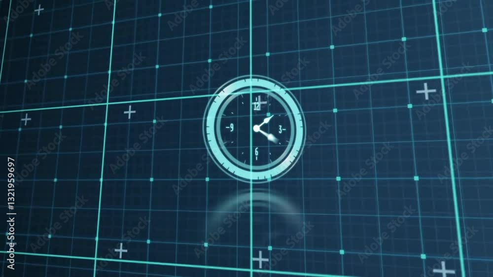 Poster animation of futuristic clock interface with digital elements and grid lines