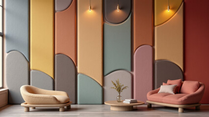 Modern living room with vibrant color-blocked wall and acoustic foam panels.