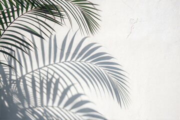 Natural palm leaf shadow overlay on a white wall texture, creating an abstract background. (Mockup)