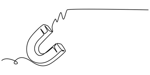 One continuous line drawing of magnet. Client and talent attraction concept in simple linear style. Symbol of hiring and recruiting in Editable stroke of white background. Doodle vector illustration.