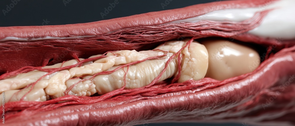 Poster close-up view of sliced anatomy showing muscle and fat layers.