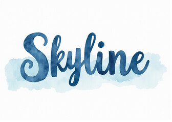 A stylish watercolor illustration featuring the word 'Skyline' in flowing cursive script, accented by a soft blue background wash.