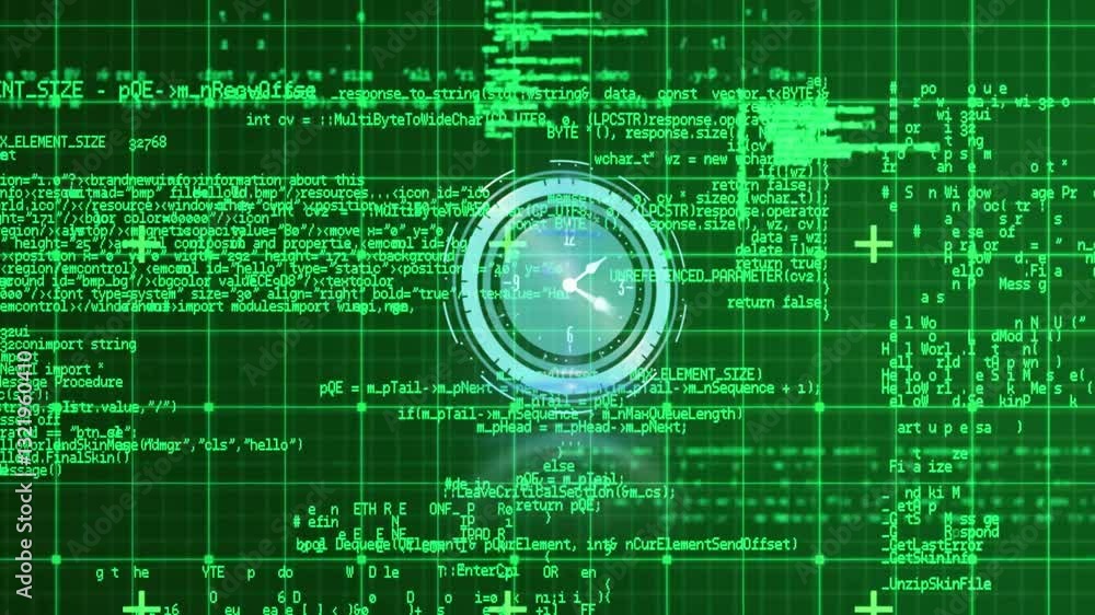 Aufkleber digital clock animation over green matrix of computer code and data