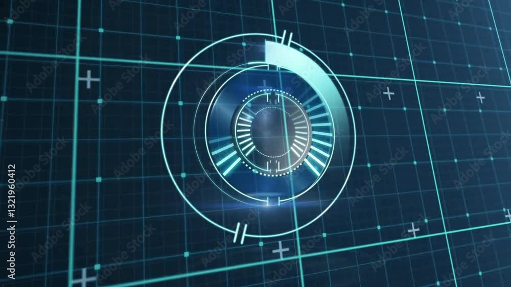 Poster animation of futuristic digital interface with rotating elements on grid background