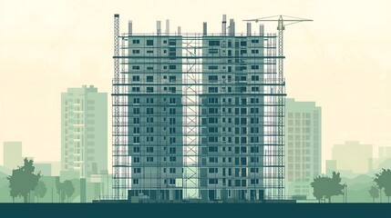Elevated view of two high-rise buildings under construction, surrounded by other city buildings.  Scaffolding is prominently displayed on the exterior of the structures