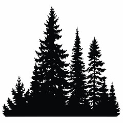 Obraz premium Fir trees silhouettes, Coniferous spruce horizontal background patterns, black evergreen woods vector illustration. Beautiful hand drawn panorama with treetops forest, forest silhouette