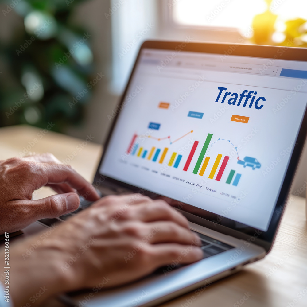 Aufkleber analyzing traffic trends on laptop in home office environment close-up view of data visualization an