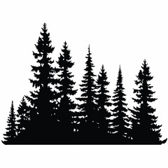 Fototapeta premium Fir trees silhouettes, Coniferous spruce horizontal background patterns, black evergreen woods vector illustration. Beautiful hand drawn panorama with treetops forest, forest silhouette