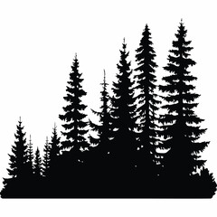 Fir trees silhouettes, Coniferous spruce horizontal background patterns, black evergreen woods vector illustration. Beautiful hand drawn panorama with treetops forest, forest silhouette