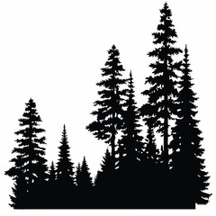 Fir trees silhouettes, Coniferous spruce horizontal background patterns, black evergreen woods vector illustration. Beautiful hand drawn panorama with treetops forest, forest silhouette