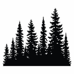 Fir trees silhouettes, Coniferous spruce horizontal background patterns, black evergreen woods vector illustration. Beautiful hand drawn panorama with treetops forest, forest silhouette