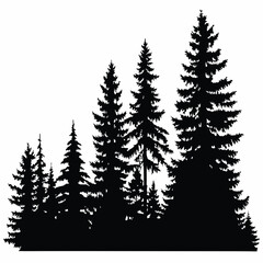 Fir trees silhouettes, Coniferous spruce horizontal background patterns, black evergreen woods vector illustration. Beautiful hand drawn panorama with treetops forest, forest silhouette