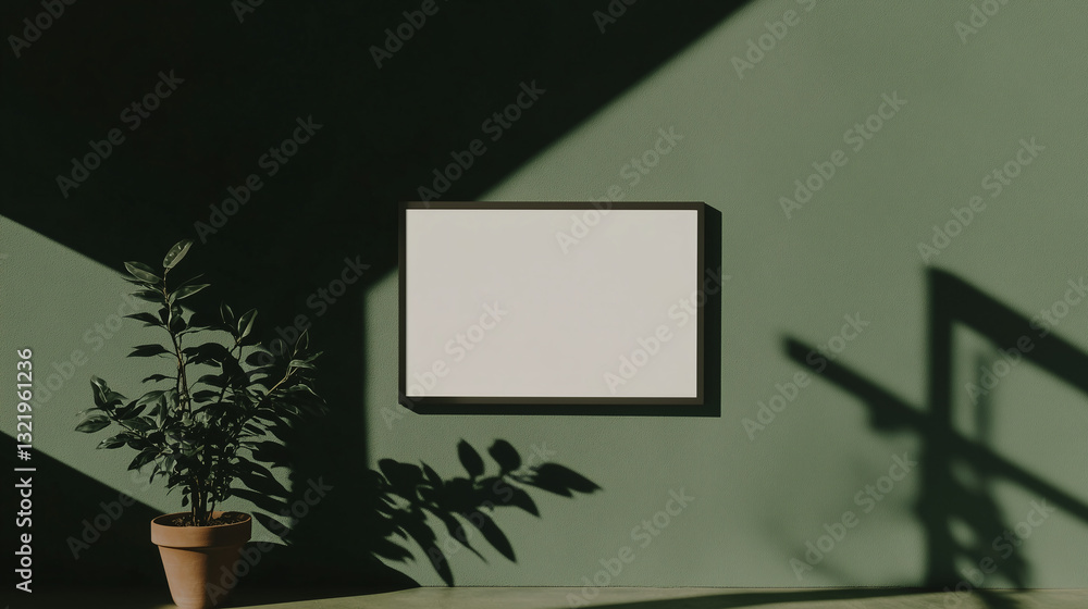Poster minimalist interior: a blank canvas in a sleek frame floats on a muted green wall, framed by the sof