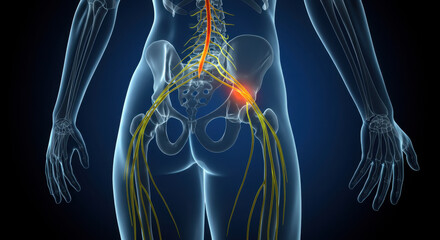 Sciatica Pain Relief: Understanding & Treating Nerve Issues in Back, Hips & Legs. Anatomy illustration of spine, nerves, pelvis & lower body