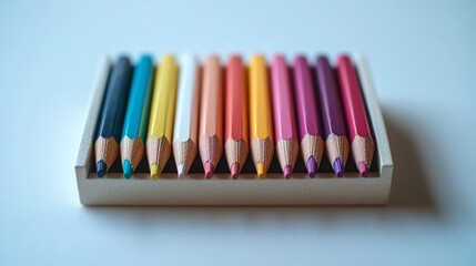 Naklejka premium Array of colorful pencils arranged in a white box on a bright surface