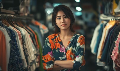 Obraz premium Woman poses in clothing store smiling.