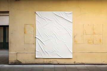 Wrinkled white poster mockup. Blank glued paper sheet displayed on a wall with clipping path.