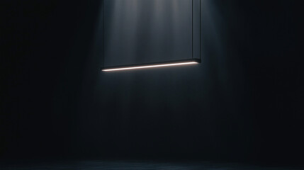Modern Linear Light: A minimalist composition featuring a sleek, linear light fixture suspended against a dark backdrop, illuminated by focused beams creating a dramatic and contemporary aesthetic.