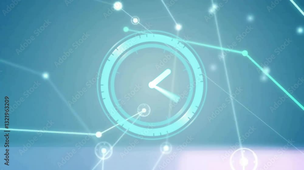 Poster clock face with network connections and data processing animation in blue tones